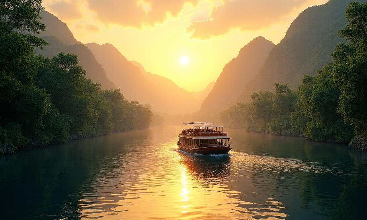 Scenic river landscape with a luxury boat as a fallback for video